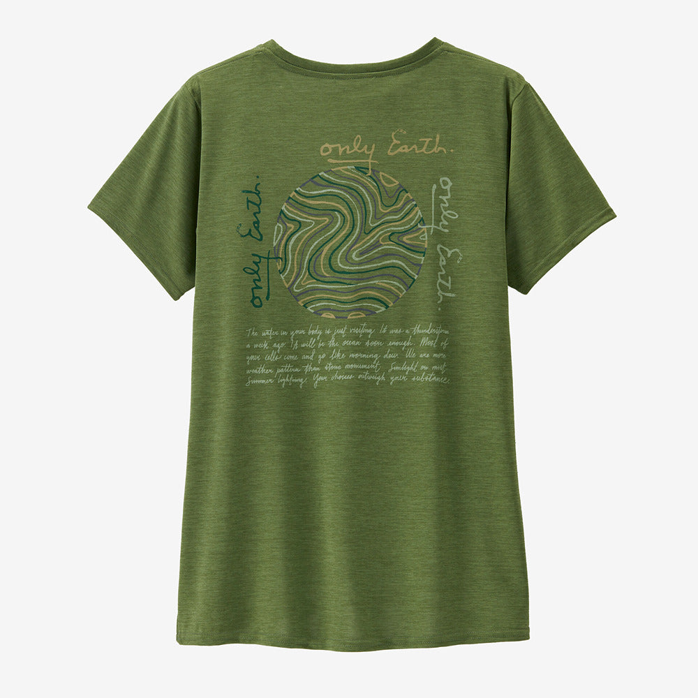 Women's Cap Cool Daily Graphic Shirt: Lands Earth Currents: Terrain Green X-Dye - Patagonia